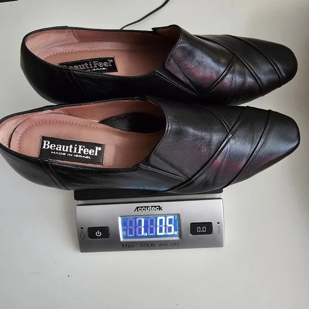 BeautiFeel Black Leather‎ Slip On Kitten Heel Pumps Shoes Office Career Luxury